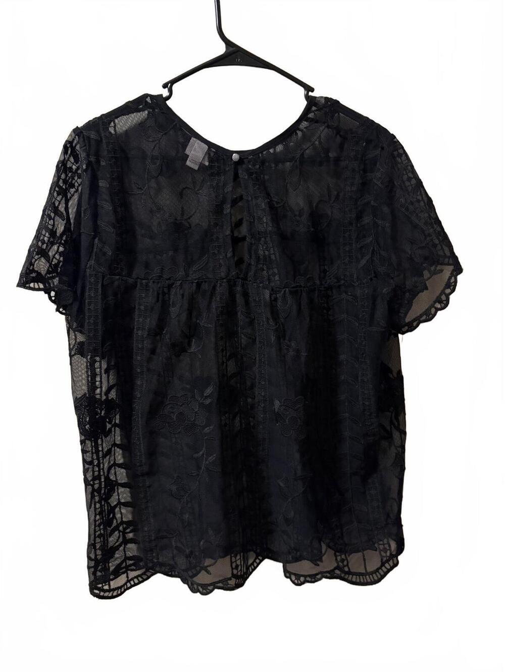 Black Sheer Lace Blouse XL Witchy Whimsigoth Floral Embroidered Babydoll Grunge
